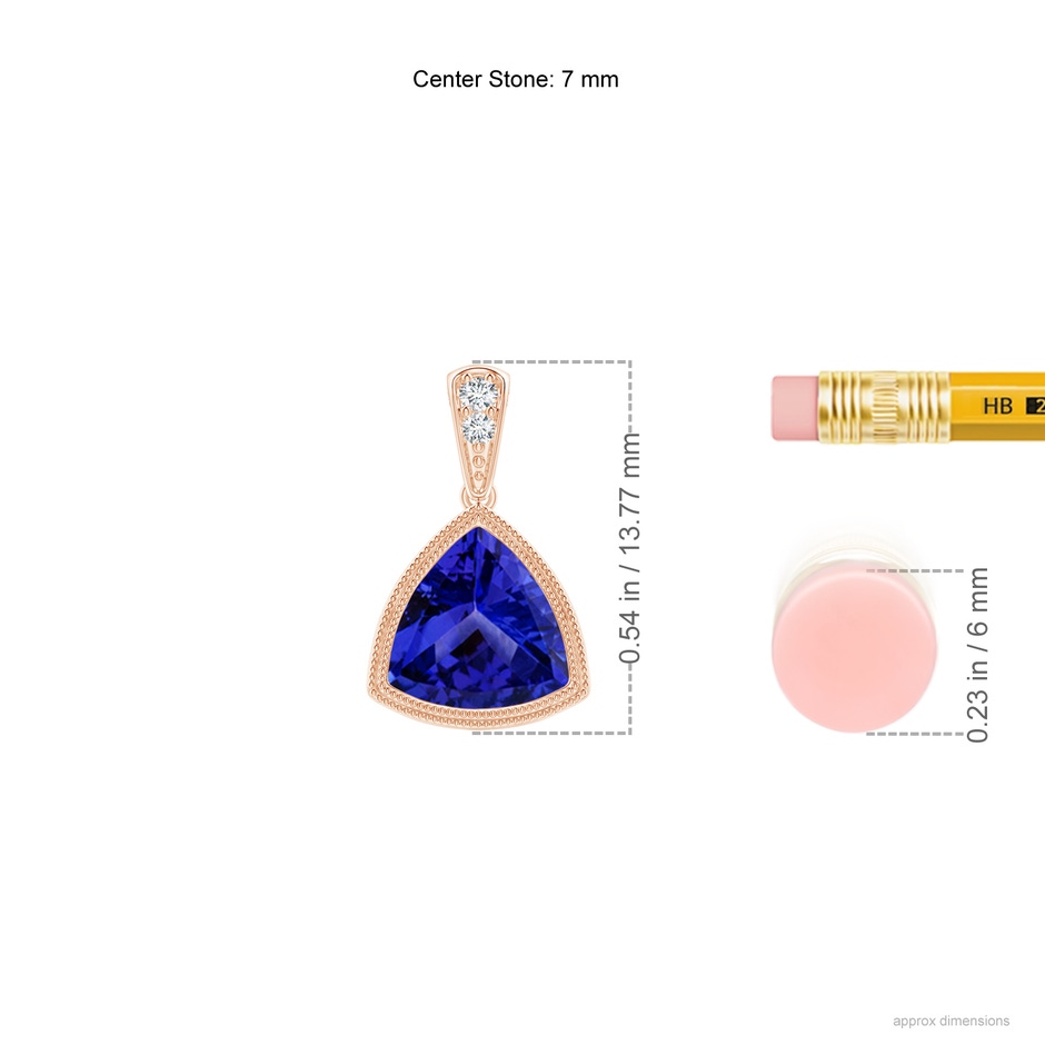 7mm AAAA Bezel-Set Trillion Tanzanite Pendant with Milgrain in Rose Gold ruler