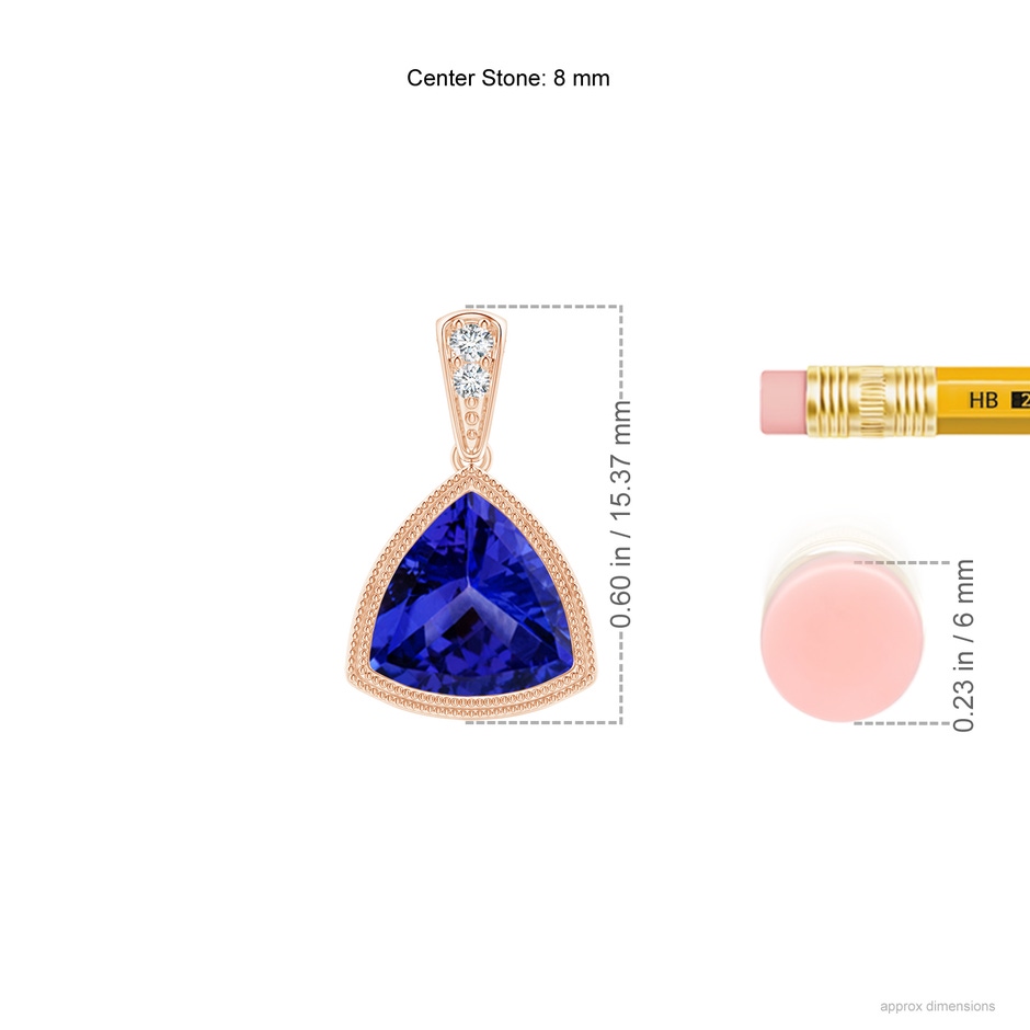 8mm AAAA Bezel-Set Trillion Tanzanite Pendant with Milgrain in Rose Gold ruler