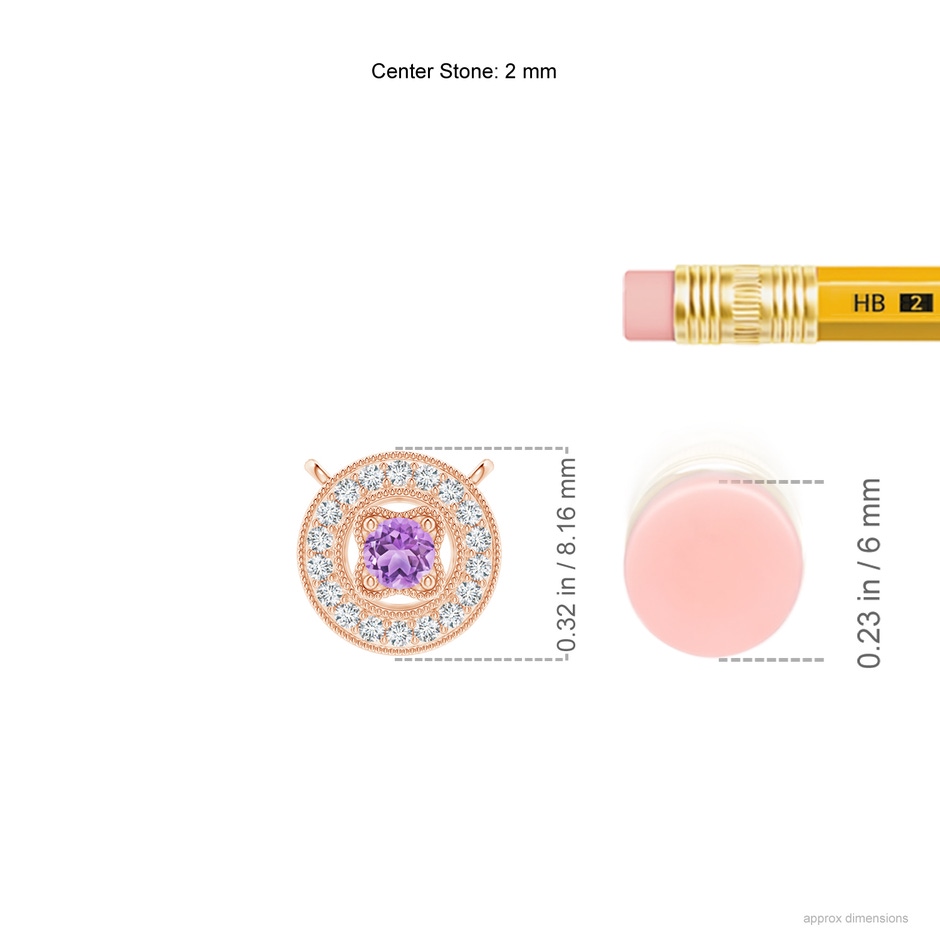 2.5mm AAA Vintage Style Amethyst Halo Pendant with Milgrain Detailing in Rose Gold ruler