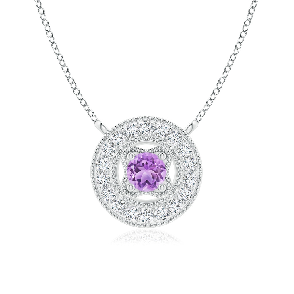 3mm AAA Vintage Style Amethyst Halo Pendant with Milgrain Detailing in White Gold
