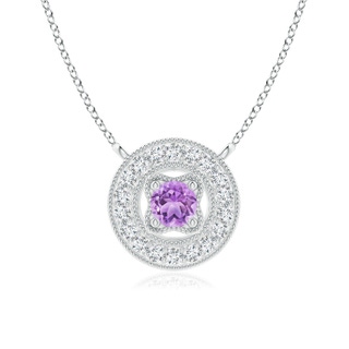 3mm AAA Vintage Style Amethyst Halo Pendant with Milgrain Detailing in White Gold