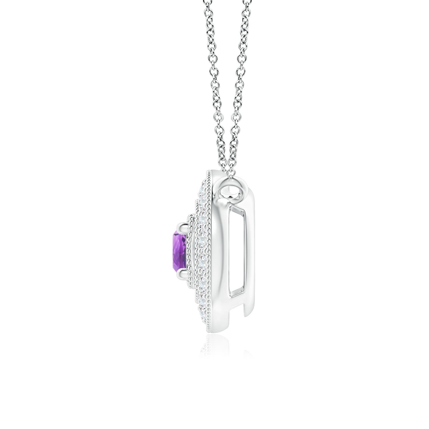 3mm AAA Vintage Style Amethyst Halo Pendant with Milgrain Detailing in White Gold