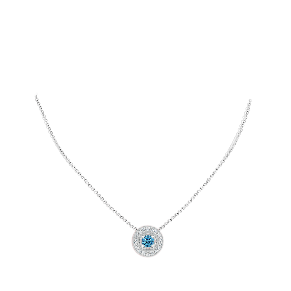 6.4mm AAAA Vintage Style Fancy Intense Blue Diamond Halo Pendant with Milgrain Detailing in White Gold pen