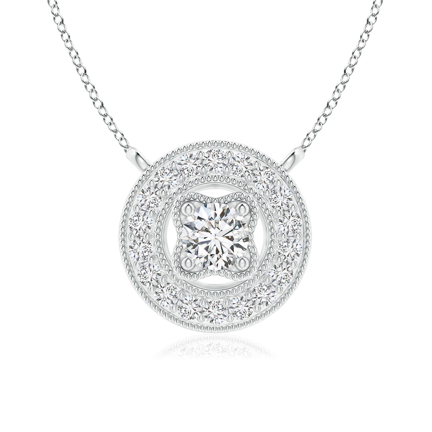 3.5mm HSI2 Vintage Style Diamond Halo Pendant with Milgrain Detailing in 18K White Gold