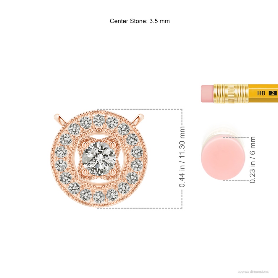 3.5mm KI3 Vintage Style Diamond Halo Pendant with Milgrain Detailing in Rose Gold ruler