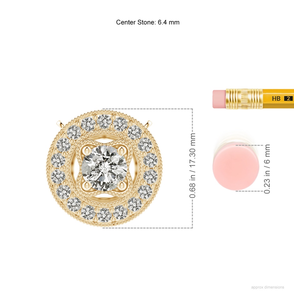 6.4mm KI3 Vintage Style Diamond Halo Pendant with Milgrain Detailing in Yellow Gold ruler