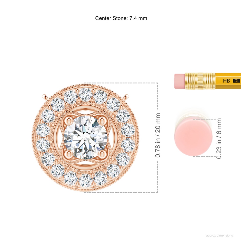 7.4mm GVS2 Vintage Style Diamond Halo Pendant with Milgrain Detailing in Rose Gold ruler