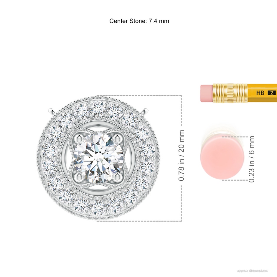 7.4mm GVS2 Vintage Style Diamond Halo Pendant with Milgrain Detailing in S999 Silver ruler