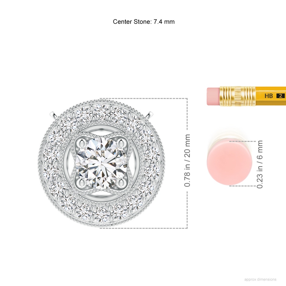 7.4mm HSI2 Vintage Style Diamond Halo Pendant with Milgrain Detailing in White Gold ruler