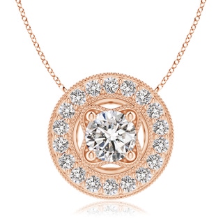 7.4mm IJI1I2 Vintage Style Diamond Halo Pendant with Milgrain Detailing in Rose Gold