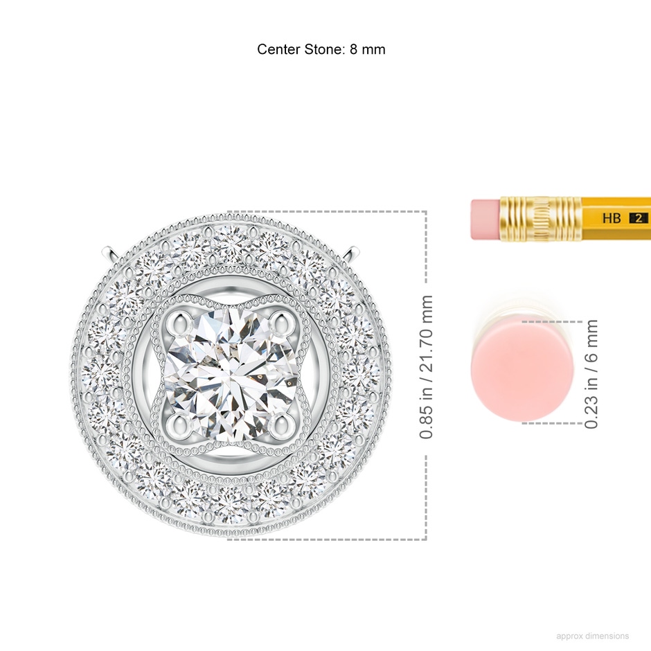 8mm HSI2 Vintage Style Diamond Halo Pendant with Milgrain Detailing in P950 Platinum ruler