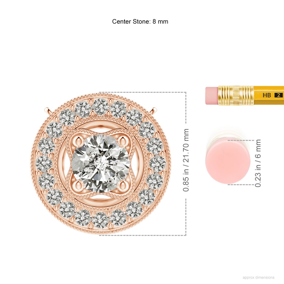 8mm KI3 Vintage Style Diamond Halo Pendant with Milgrain Detailing in Rose Gold ruler