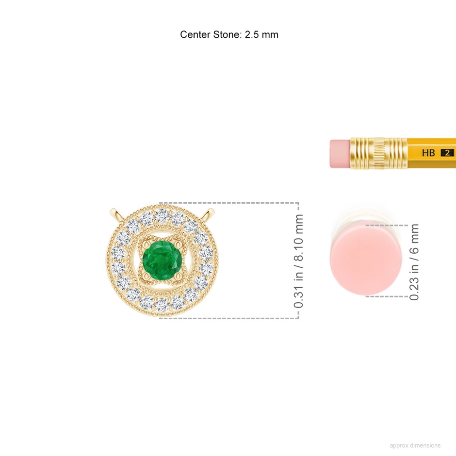 2.5mm AA Vintage Style Emerald Halo Pendant with Milgrain Detailing in Yellow Gold ruler