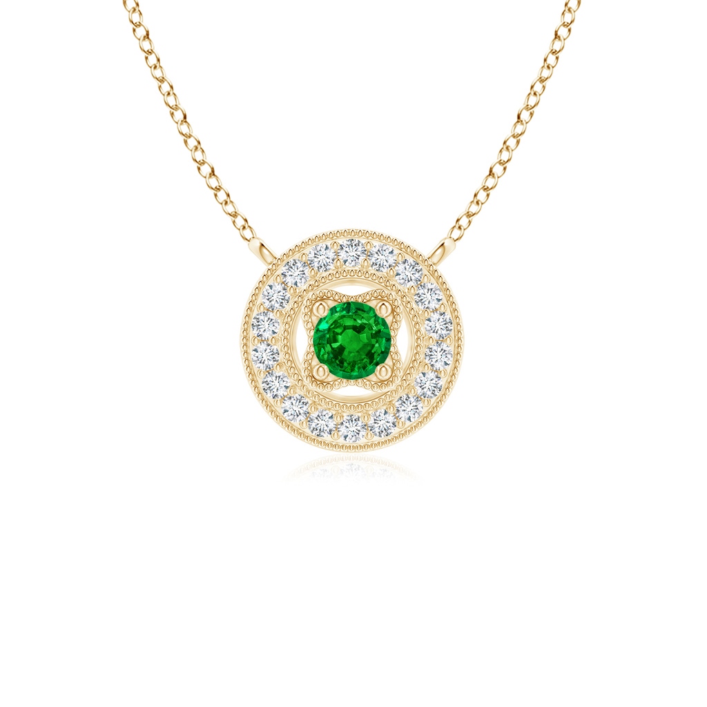 2.5mm AAAA Vintage Style Emerald Halo Pendant with Milgrain Detailing in Yellow Gold
