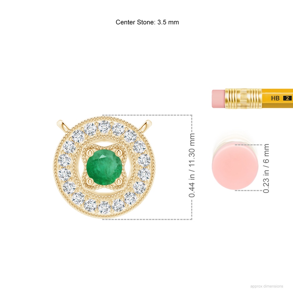 3.5mm A Vintage Style Emerald Halo Pendant with Milgrain Detailing in Yellow Gold ruler