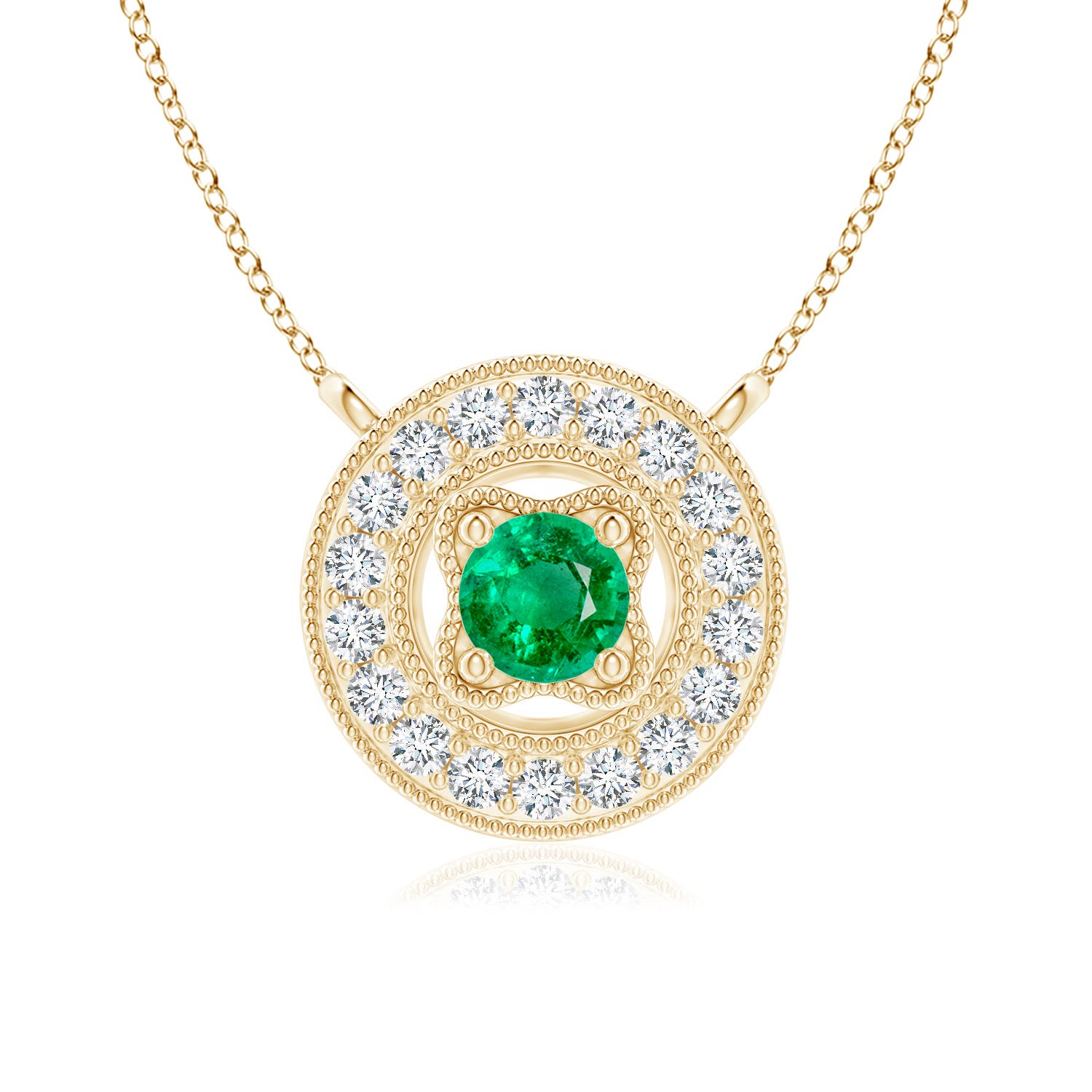 3.5mm AAA Vintage Style Emerald Halo Pendant with Milgrain Detailing in 18K Yellow Gold