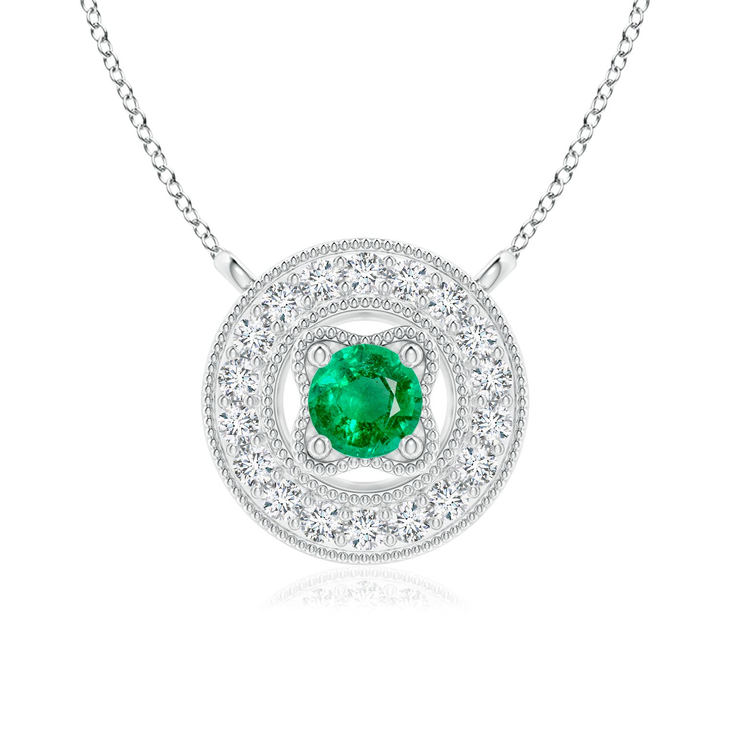 3.5mm AAA Vintage Style Emerald Halo Pendant with Milgrain Detailing in White Gold