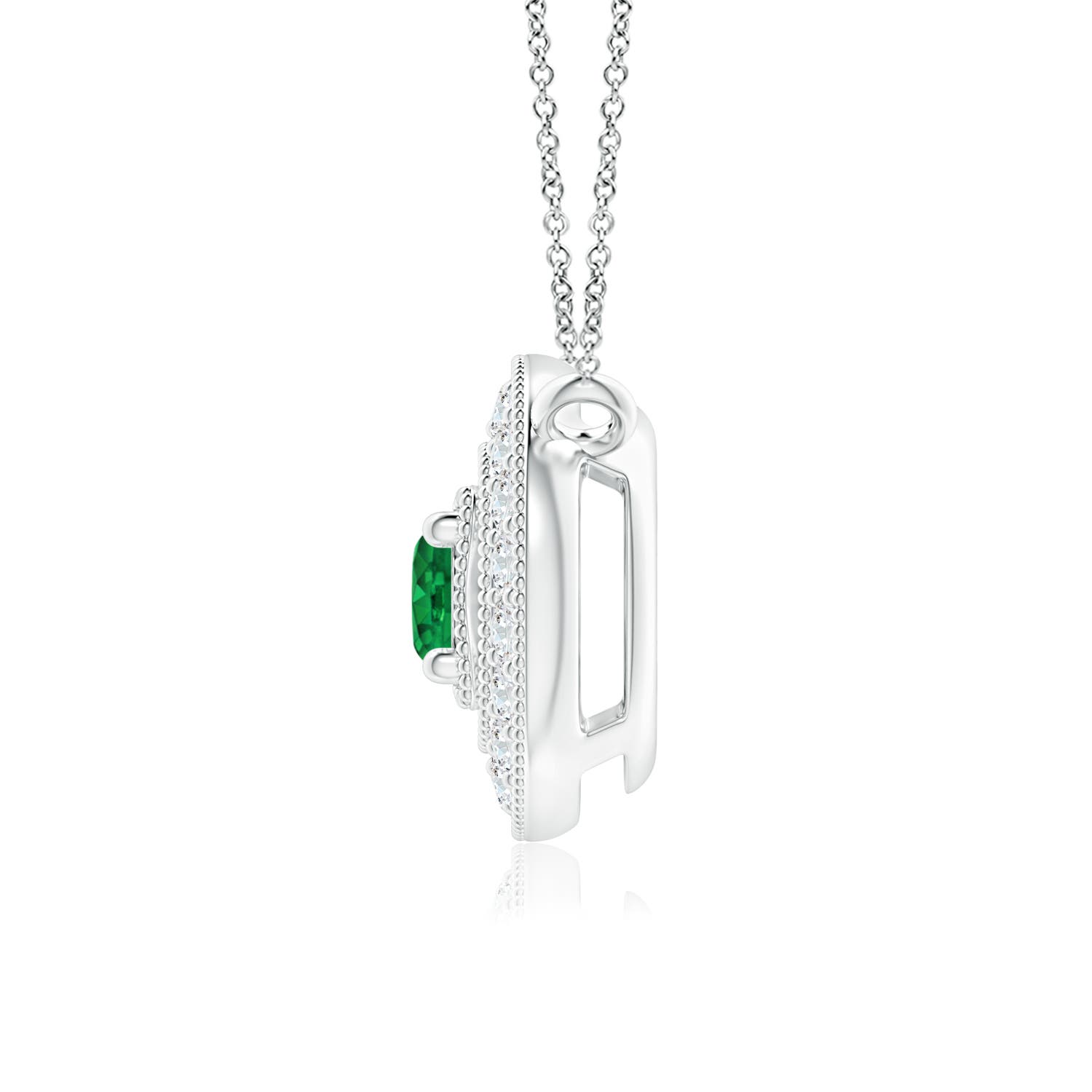 3.5mm AAA Vintage Style Emerald Halo Pendant with Milgrain Detailing in White Gold