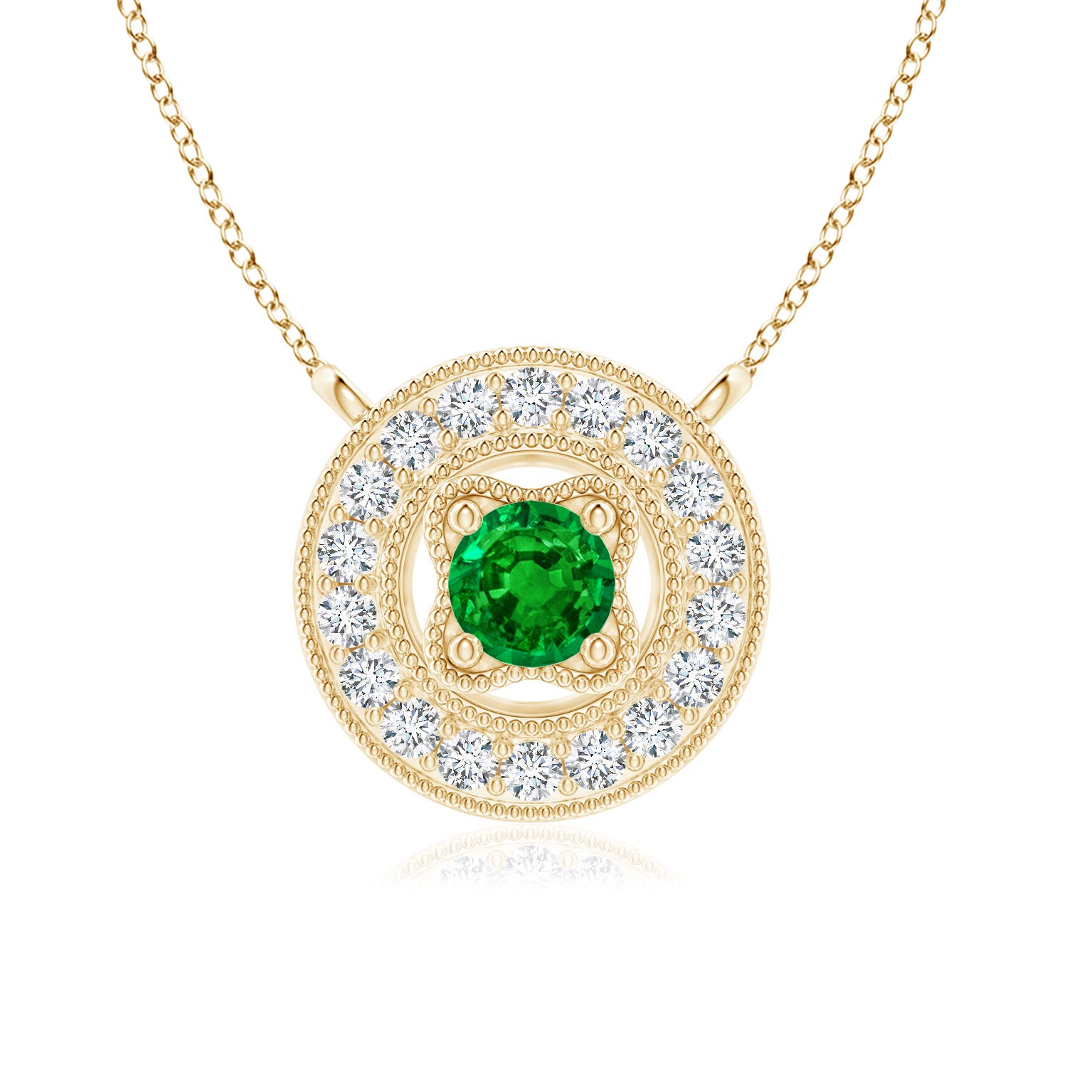 3.5mm AAAA Vintage Style Emerald Halo Pendant with Milgrain Detailing in Yellow Gold