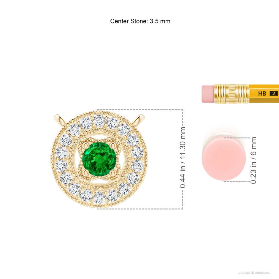 3.5mm AAAA Vintage Style Emerald Halo Pendant with Milgrain Detailing in Yellow Gold ruler