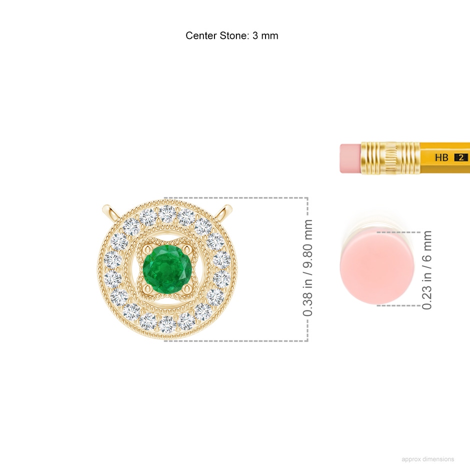 3mm AA Vintage Style Emerald Halo Pendant with Milgrain Detailing in Yellow Gold ruler