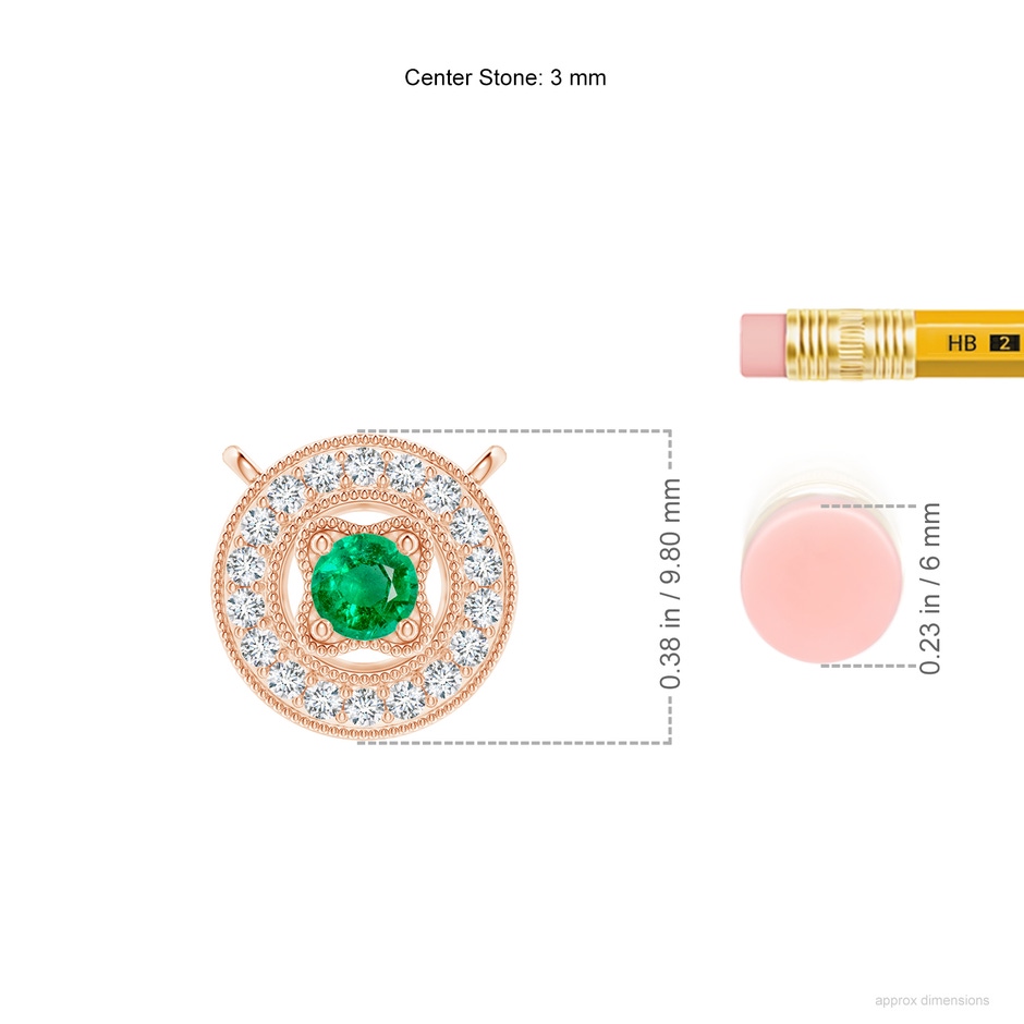 3mm AAA Vintage Style Emerald Halo Pendant with Milgrain Detailing in Rose Gold ruler