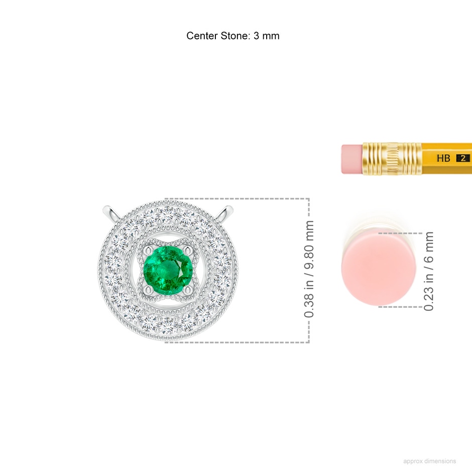3mm AAA Vintage Style Emerald Halo Pendant with Milgrain Detailing in White Gold ruler