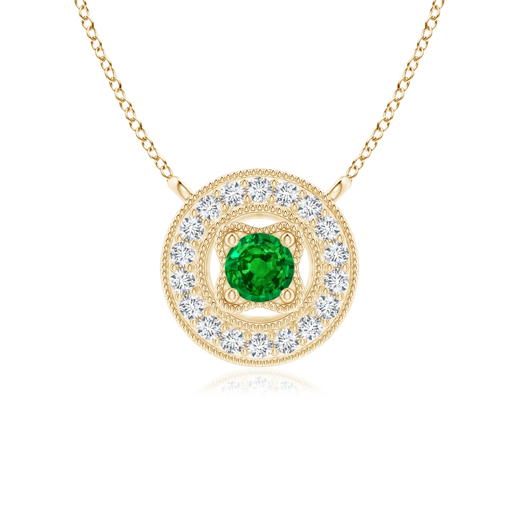3mm AAAA Vintage Style Emerald Halo Pendant with Milgrain Detailing in 18K Yellow Gold