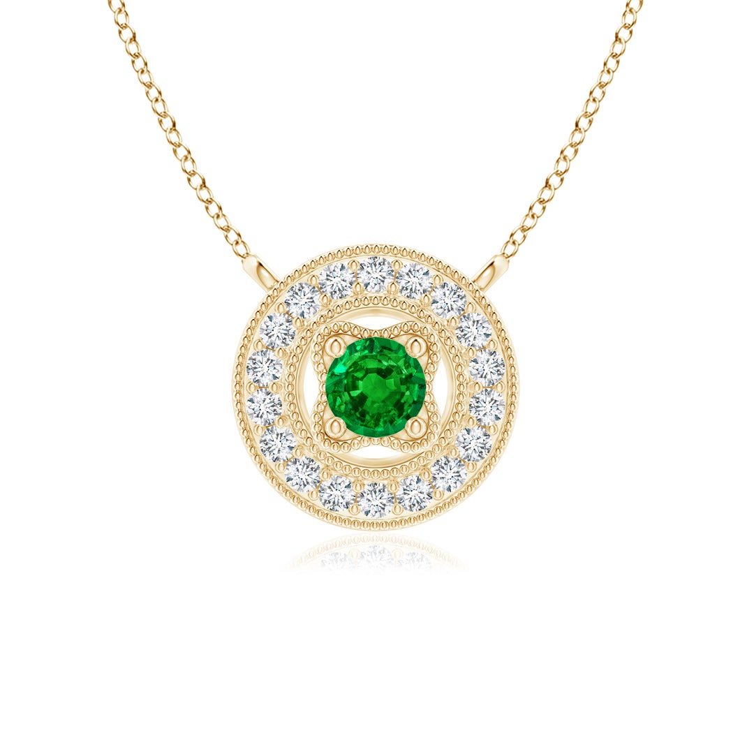 3mm AAAA Vintage Style Emerald Halo Pendant with Milgrain Detailing in 18K Yellow Gold