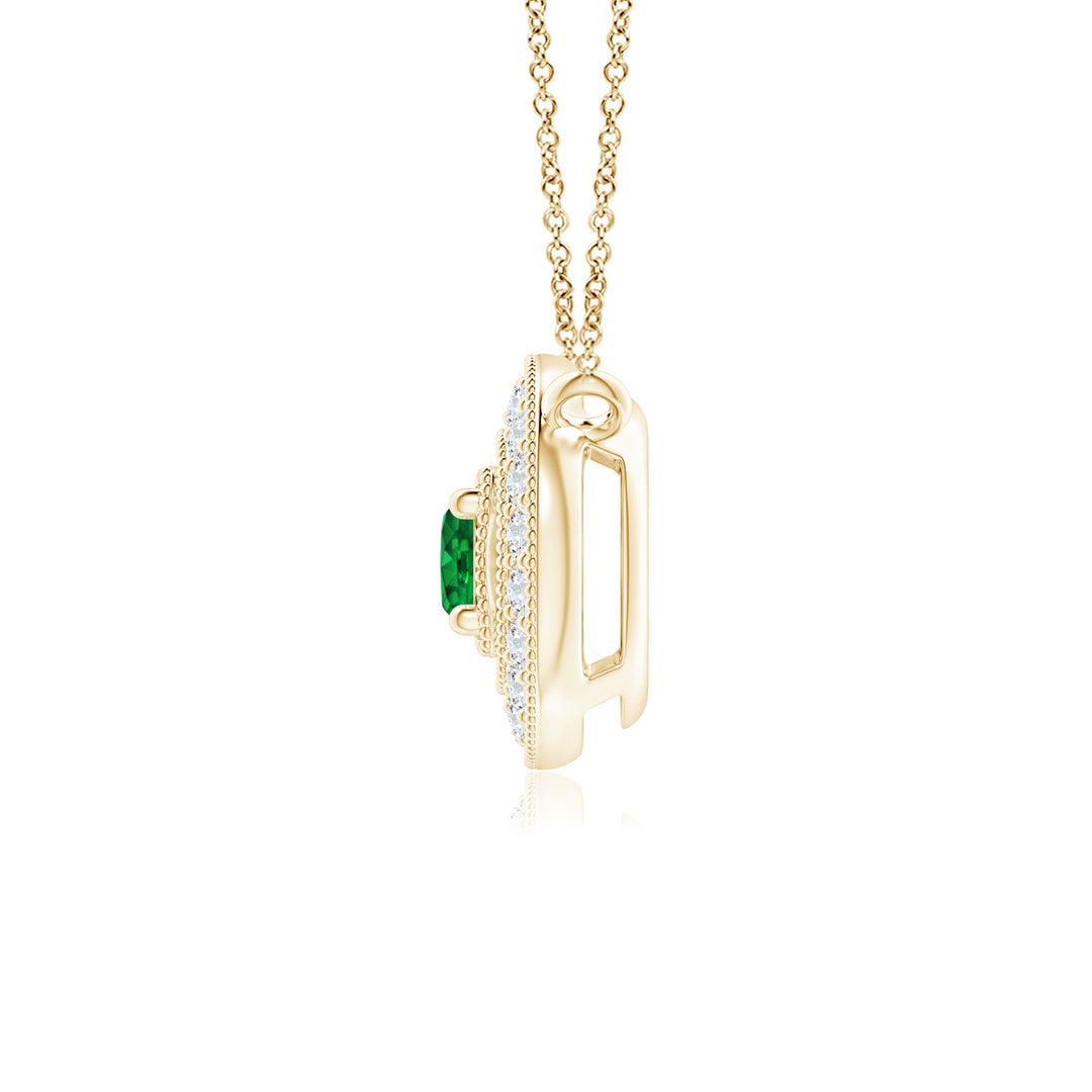 3mm AAAA Vintage Style Emerald Halo Pendant with Milgrain Detailing in 18K Yellow Gold - side 2