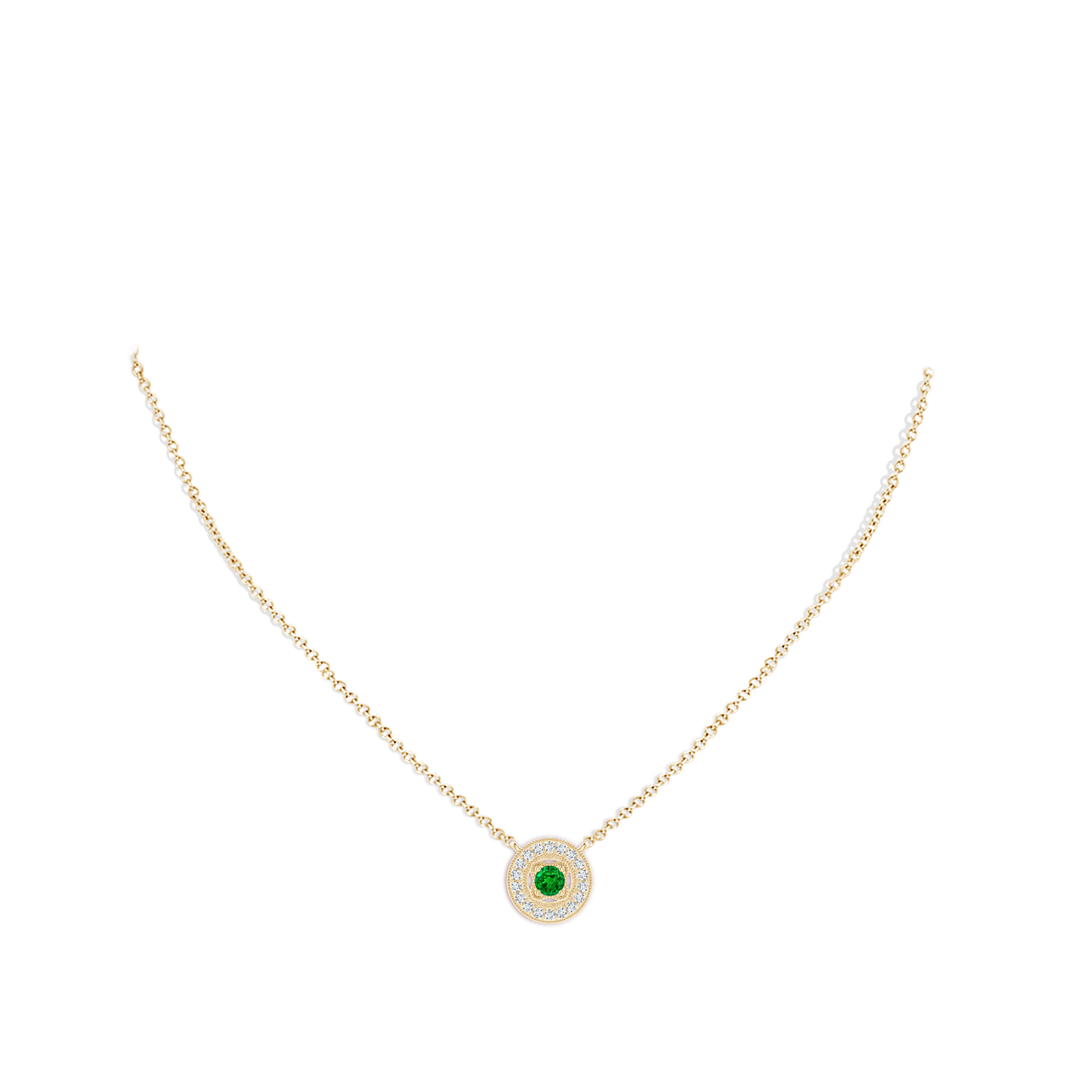 3mm AAAA Vintage Style Emerald Halo Pendant with Milgrain Detailing in 18K Yellow Gold - body_neck