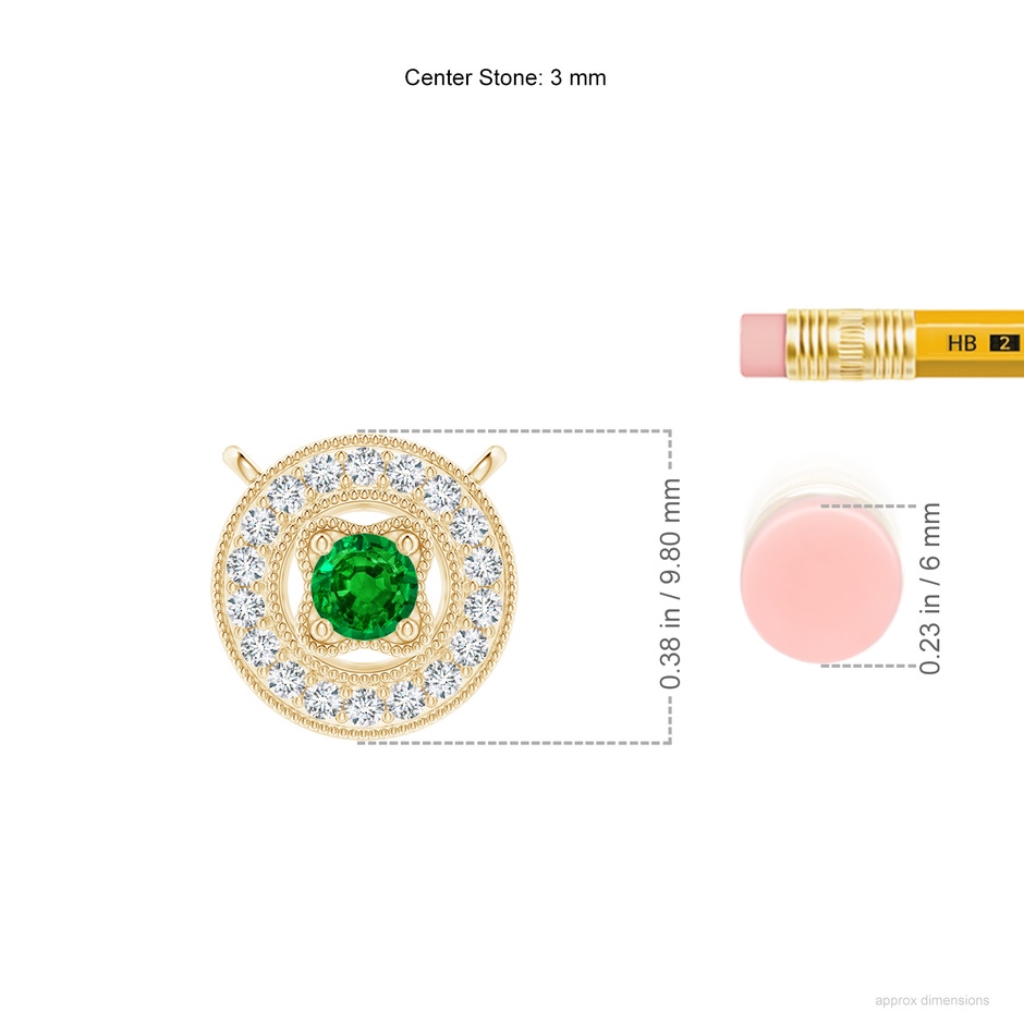 3mm AAAA Vintage Style Emerald Halo Pendant with Milgrain Detailing in Yellow Gold ruler