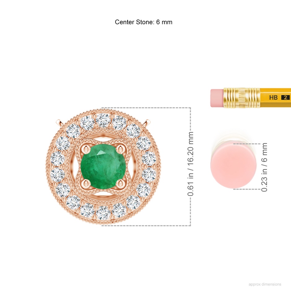 6mm A Vintage Style Emerald Halo Pendant with Milgrain Detailing in Rose Gold ruler