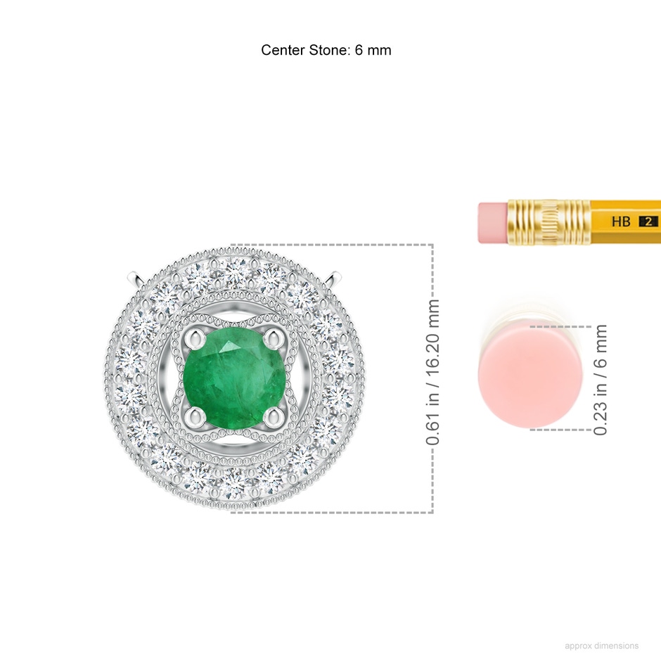 6mm A Vintage Style Emerald Halo Pendant with Milgrain Detailing in White Gold ruler