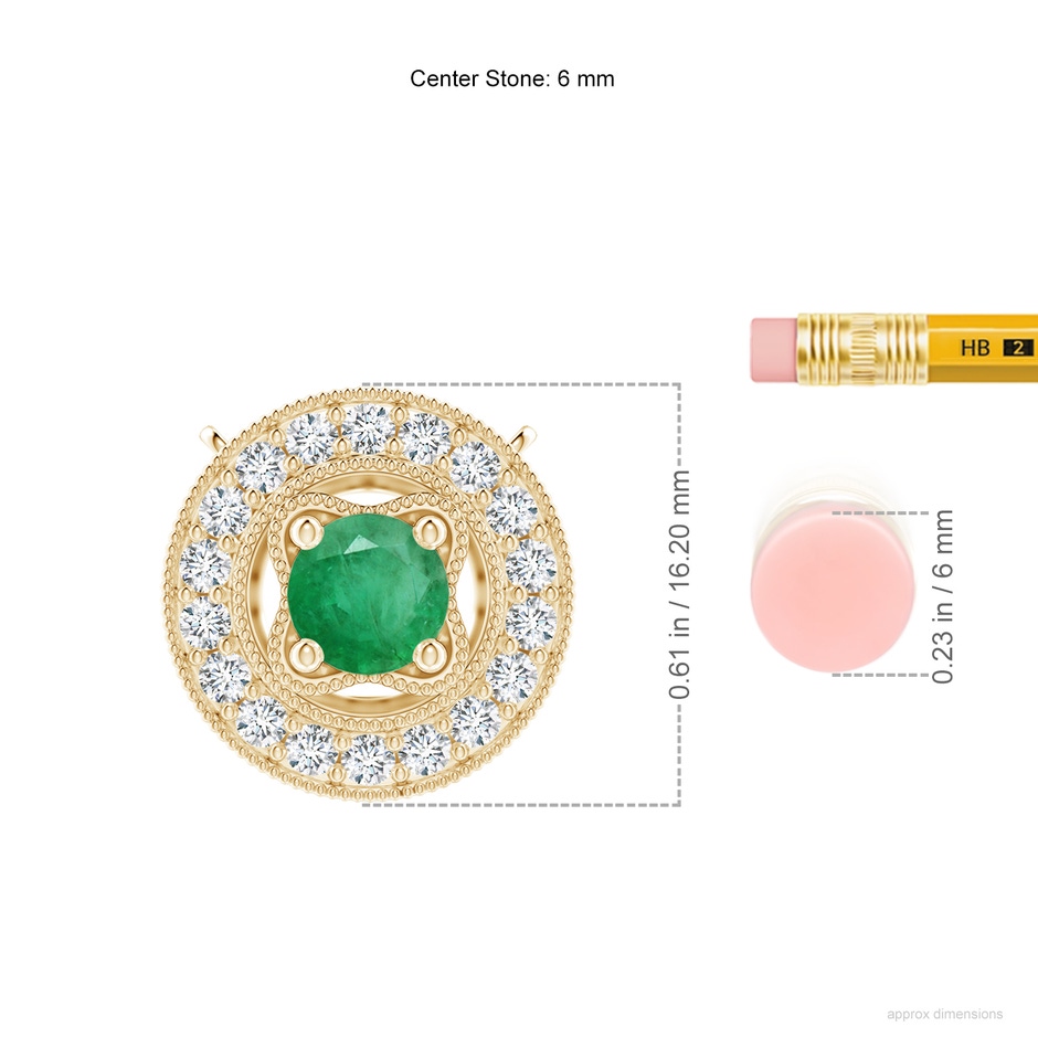 6mm A Vintage Style Emerald Halo Pendant with Milgrain Detailing in Yellow Gold ruler