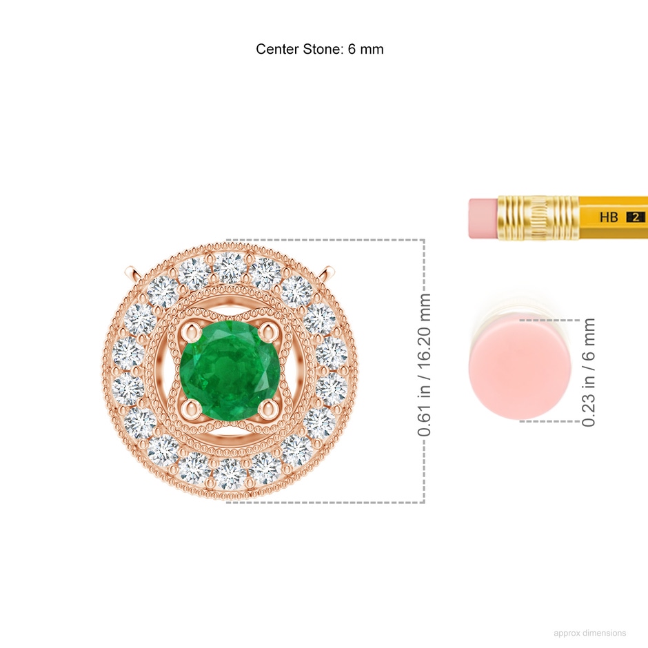 6mm AA Vintage Style Emerald Halo Pendant with Milgrain Detailing in Rose Gold ruler