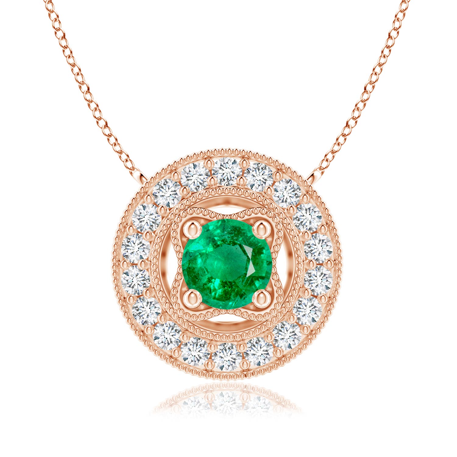 6mm AAA Vintage Style Emerald Halo Pendant with Milgrain Detailing in Rose Gold