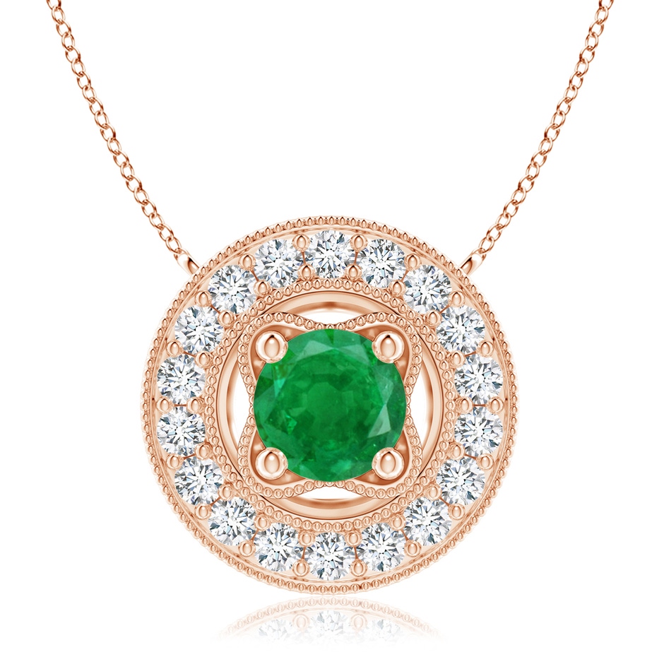 7mm AA Vintage Style Emerald Halo Pendant with Milgrain Detailing in Rose Gold 