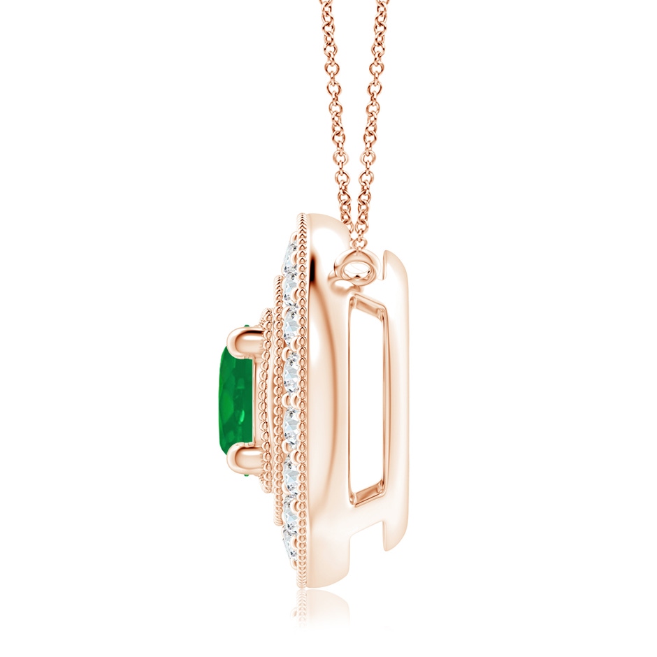 7mm AA Vintage Style Emerald Halo Pendant with Milgrain Detailing in Rose Gold side 199