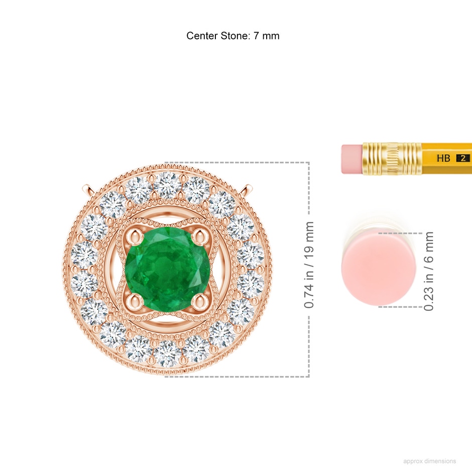 7mm AA Vintage Style Emerald Halo Pendant with Milgrain Detailing in Rose Gold ruler