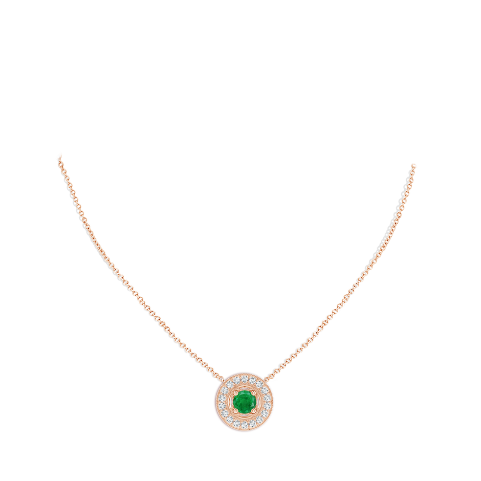 7mm AA Vintage Style Emerald Halo Pendant with Milgrain Detailing in Rose Gold pen