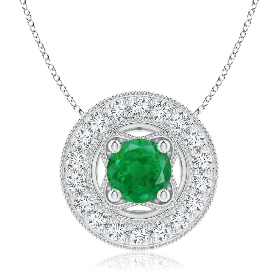 7mm AA Vintage Style Emerald Halo Pendant with Milgrain Detailing in White Gold 