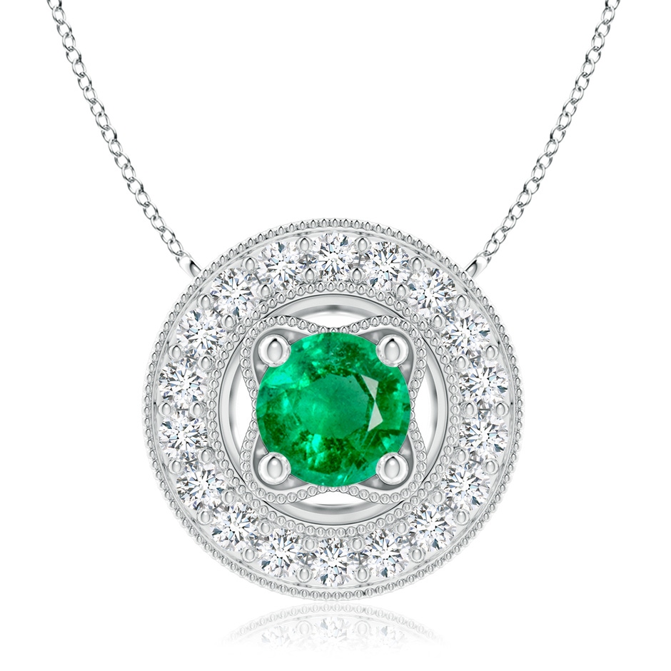 7mm AAA Vintage Style Emerald Halo Pendant with Milgrain Detailing in White Gold 