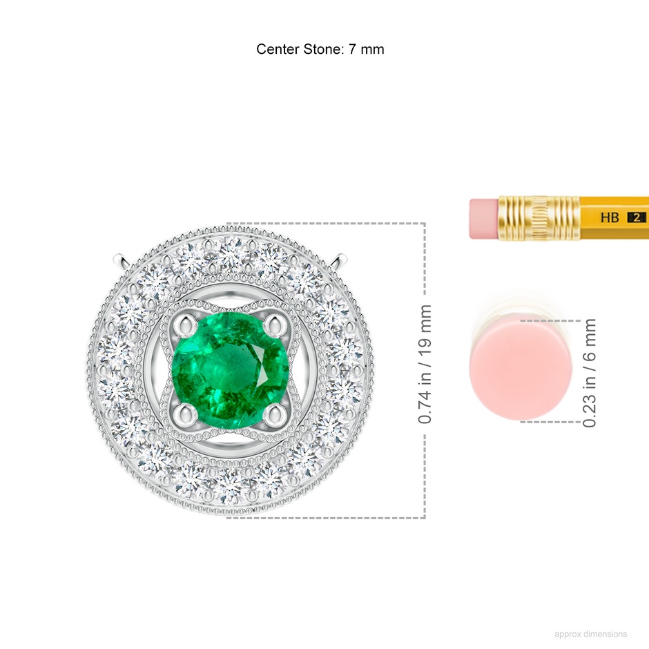 7mm AAA Vintage Style Emerald Halo Pendant with Milgrain Detailing in White Gold ruler