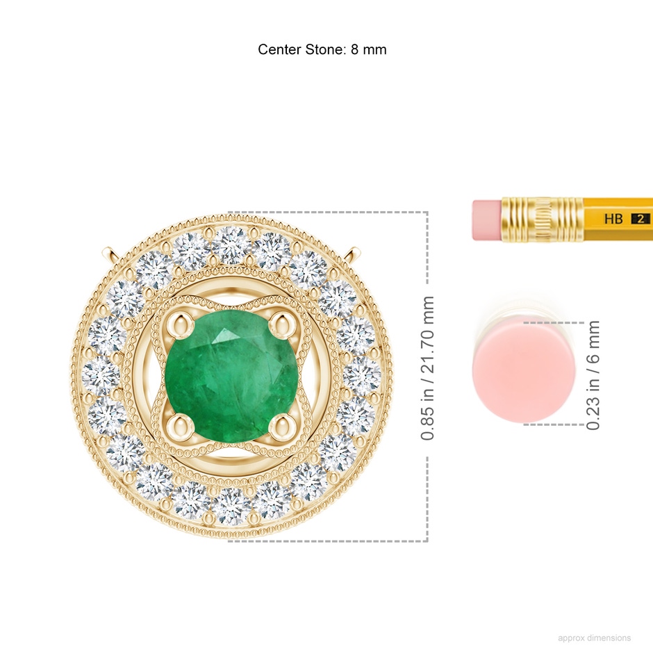 8mm A Vintage Style Emerald Halo Pendant with Milgrain Detailing in 18K Yellow Gold ruler
