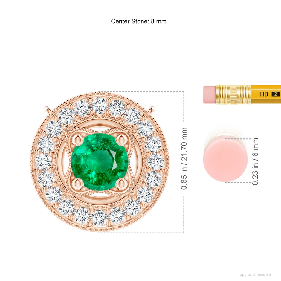 8mm AAA Vintage Style Emerald Halo Pendant with Milgrain Detailing in Rose Gold ruler