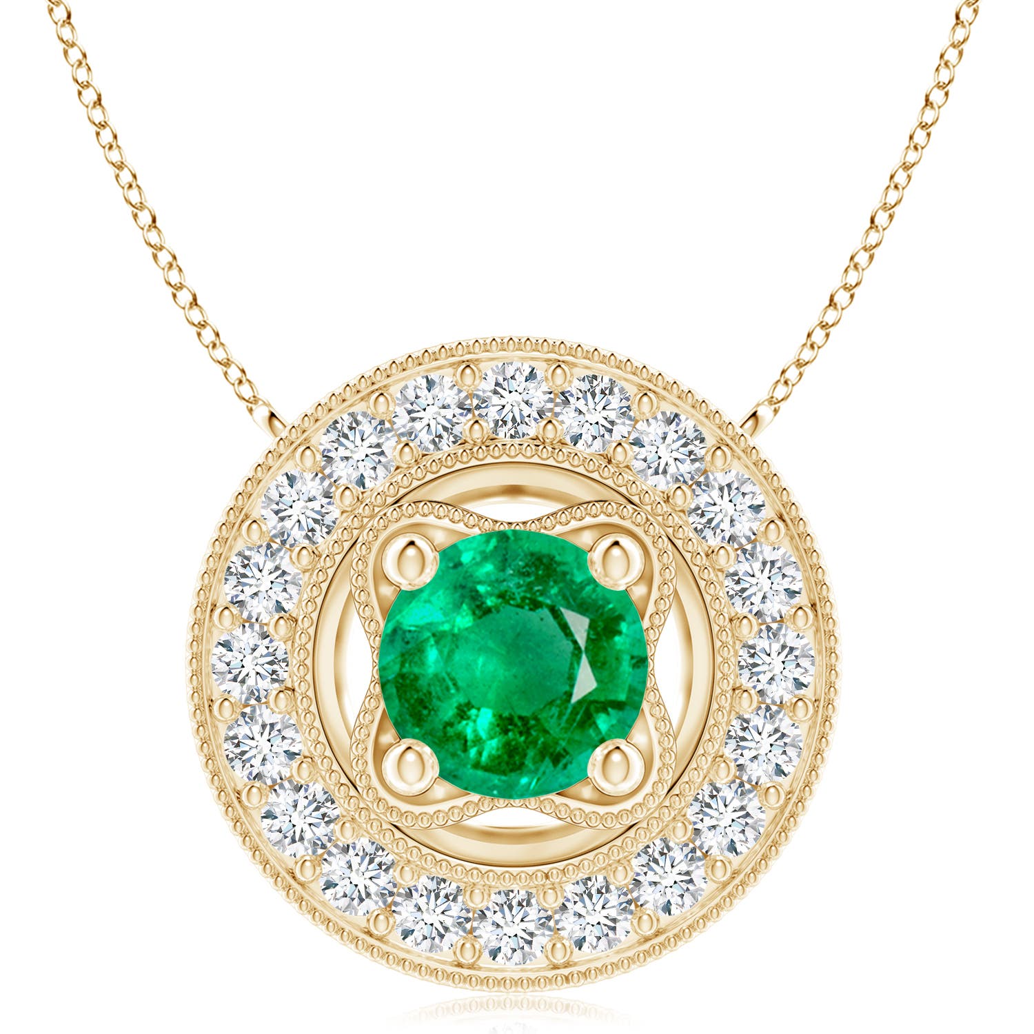 8mm AAA Vintage Style Emerald Halo Pendant with Milgrain Detailing in Yellow Gold