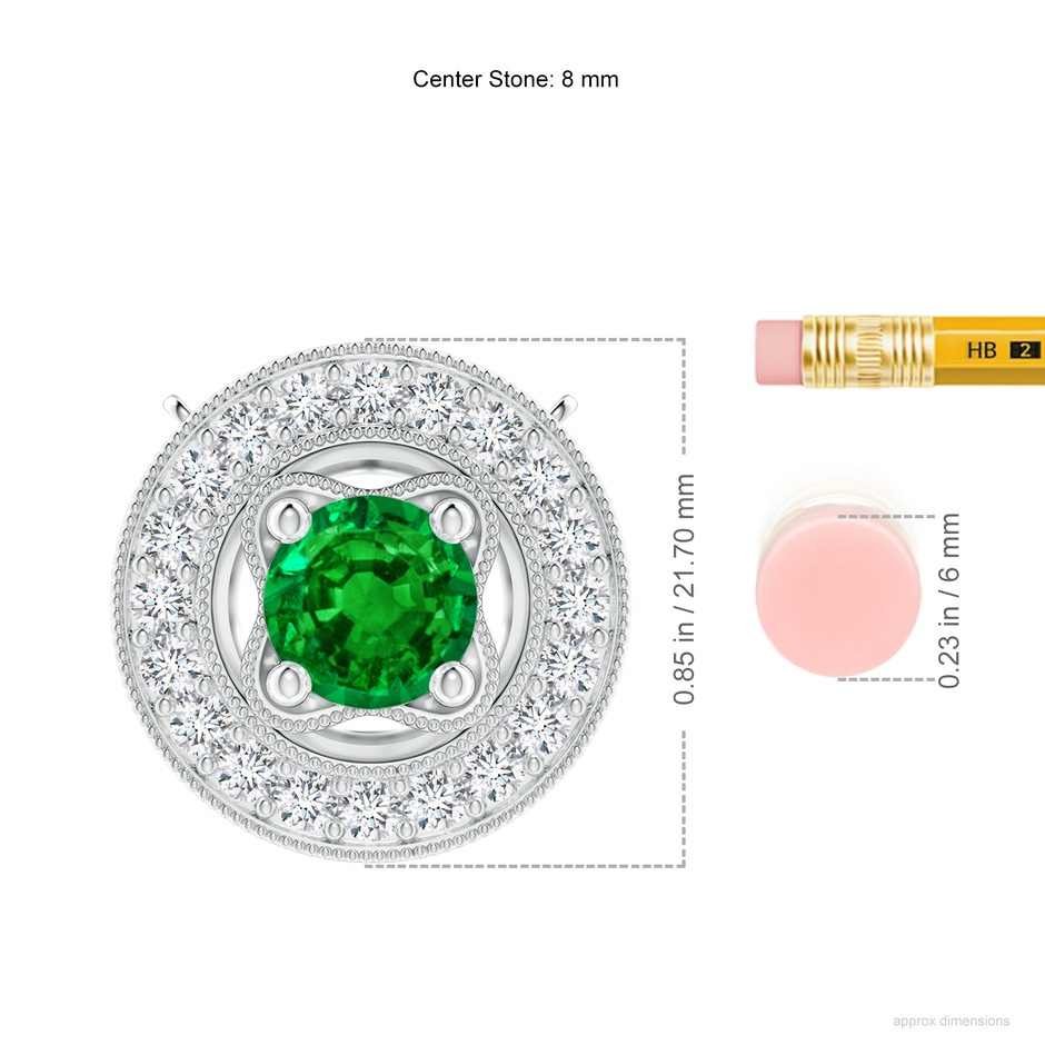 8mm AAAA Vintage Style Emerald Halo Pendant with Milgrain Detailing in P950 Platinum ruler
