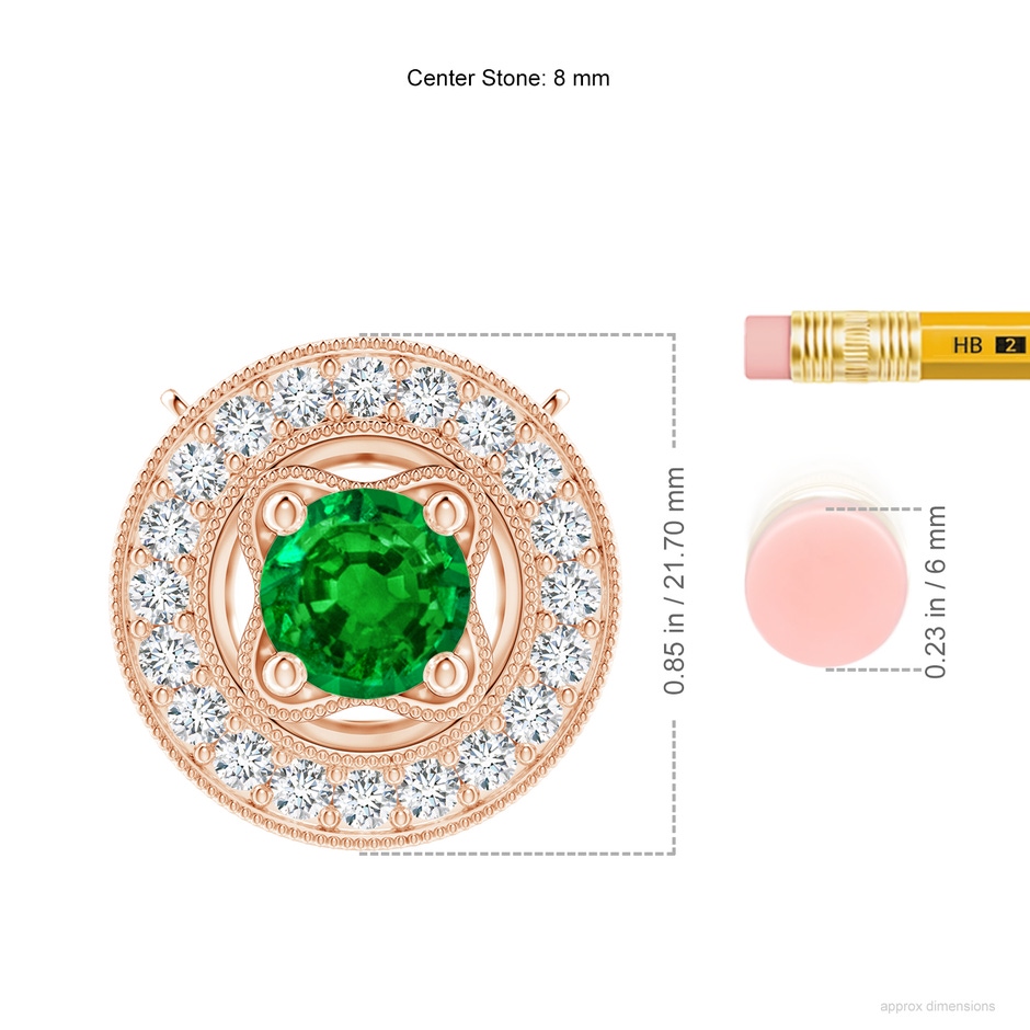 8mm AAAA Vintage Style Emerald Halo Pendant with Milgrain Detailing in Rose Gold ruler