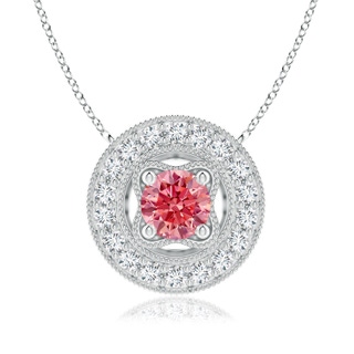 6.4mm AAAA Vintage Style Fancy Intense Pink Diamond Halo Pendant with Milgrain Detailing in White Gold